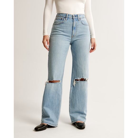Abercrombie & Fitch Curve Love High Rise 90s Relaxed Jean Medium Destroy Blue 27 - Picture 1 of 12